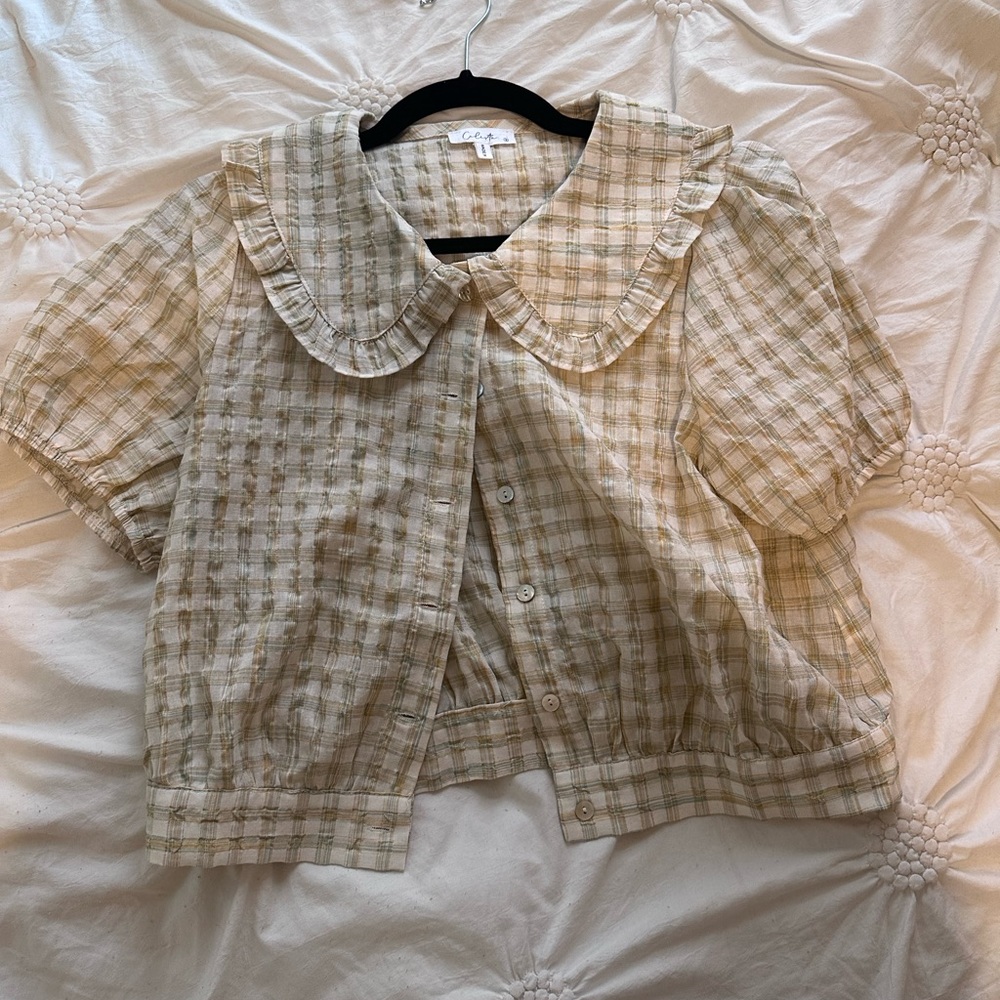 Cropped Cottagecore Collared Shirt Plaid Top